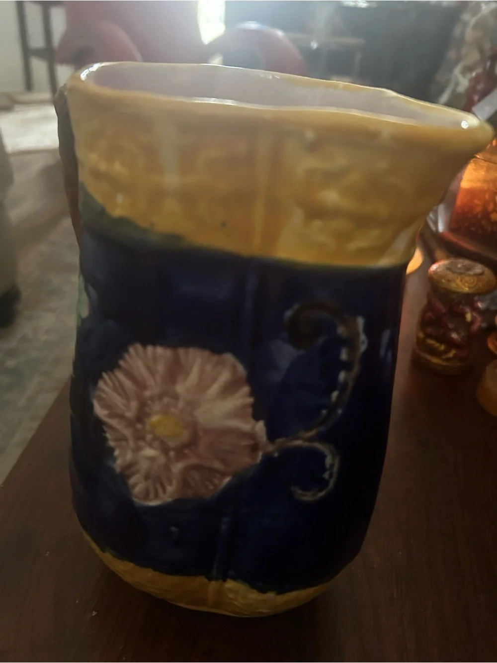 English Factory Yellow, Blue and Pink Floral Ceramic Pitcher